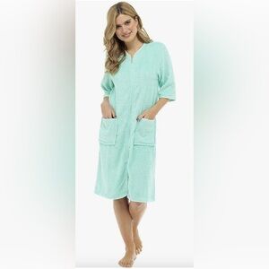 Tom franks cotton terry zip front gown housecoat mint sz medium UK 12/14